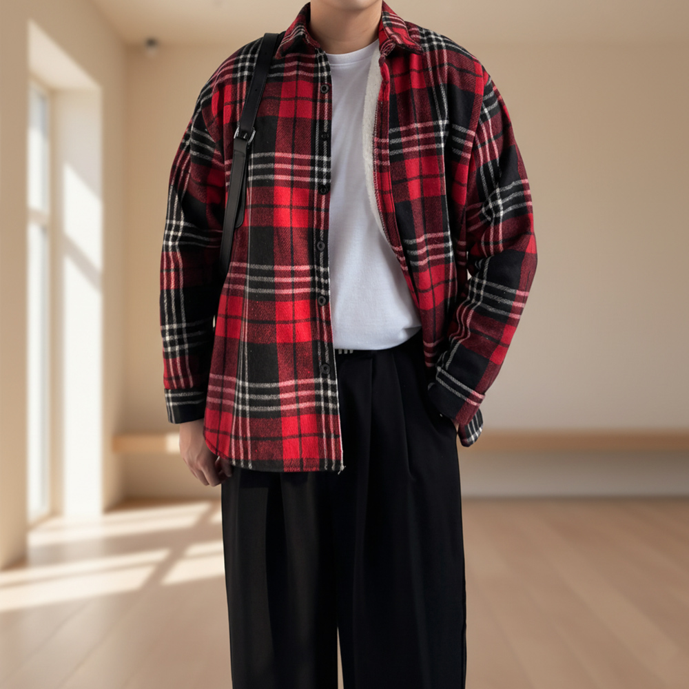남자겨울남방 두꺼운남방 남자오버핏체크셔츠 1 - 상품 이미지