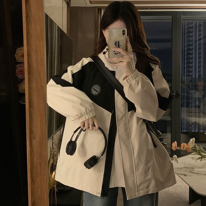 여성 빅사이즈 배색 컬러블록 후드 집업 루즈핏 오버핏 바람막이 자켓 점퍼 간절기 아우터 데일리 스포티룩 봄 가을 - 상세 이미지 4