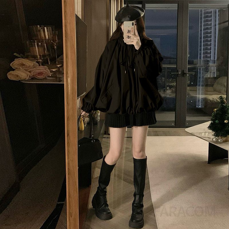 여성 빅사이즈 루즈핏 드로스트링 벌룬 퍼프 소매 항공 점퍼 캐주얼 자켓 바람막이 아우터 봄 가을 - 상세 이미지 4