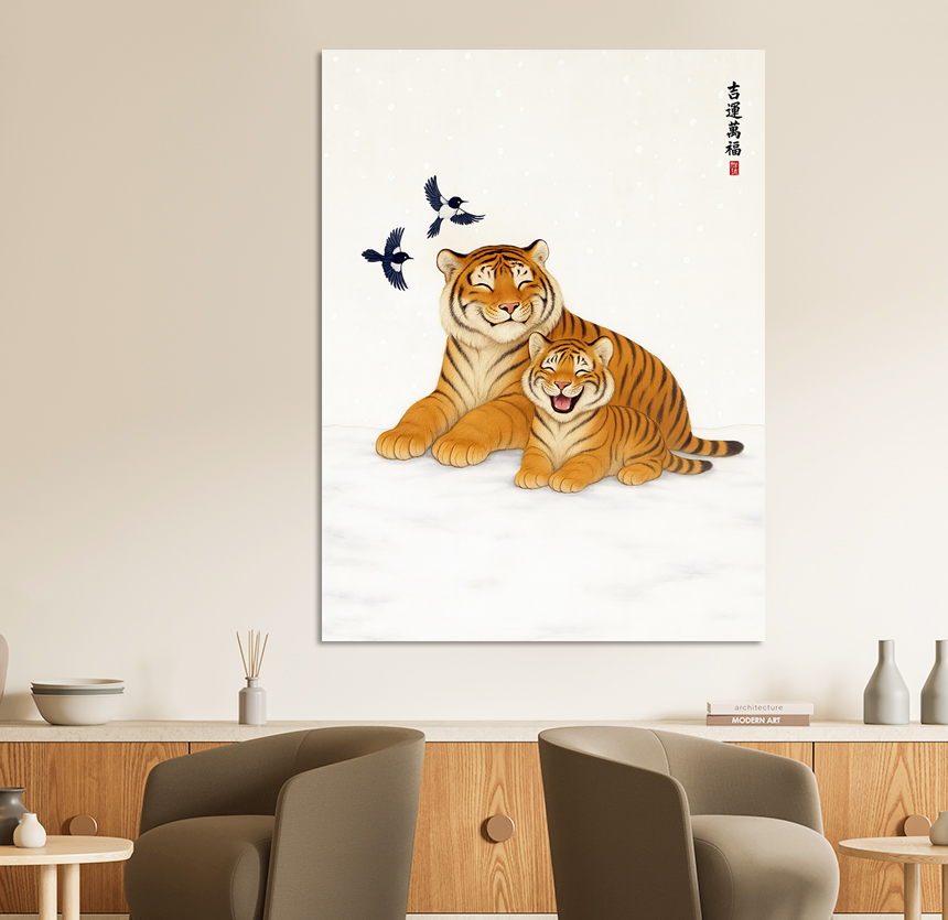 만복 호작도 까치 호랑이 그림 겨울 크리스마스 인테리어 거실 액자 중형 - 상세 이미지 5
