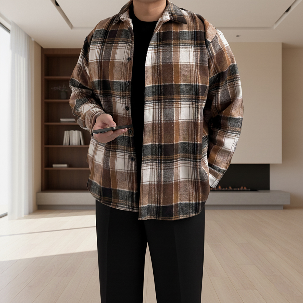 1+1 남자겨울남방 두꺼운남방 남자오버핏체크셔츠 1 - 메인 이미지