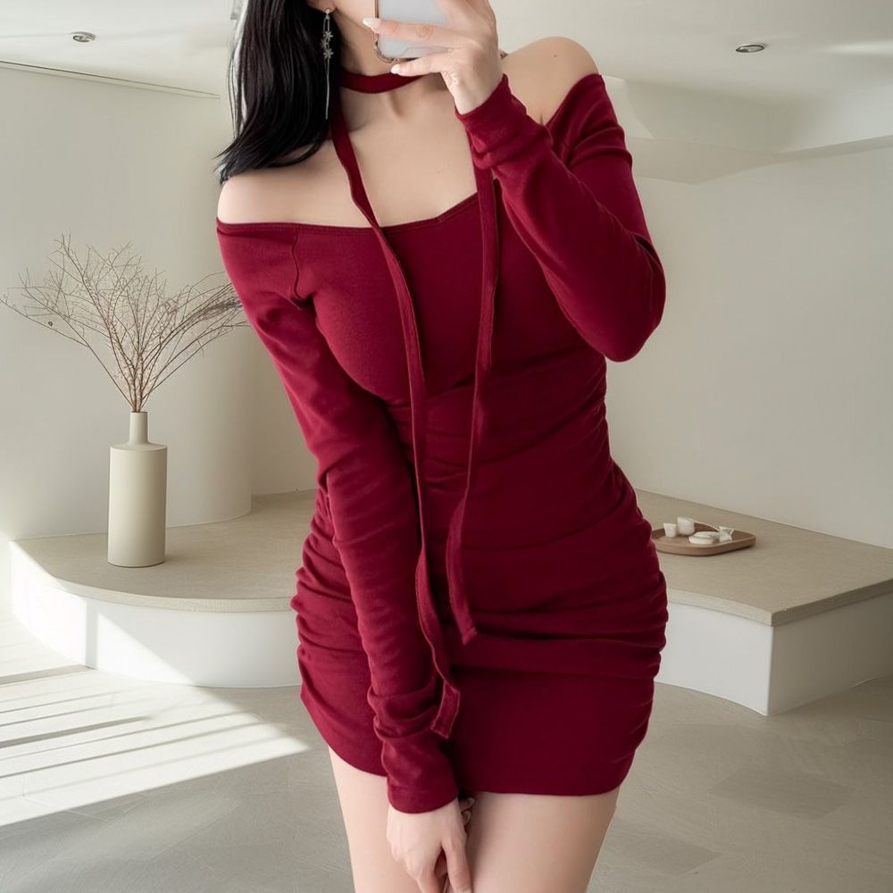 포티츠 미니원피스 브이넥 머플러 타이트핏 AC1111 - 상품 이미지