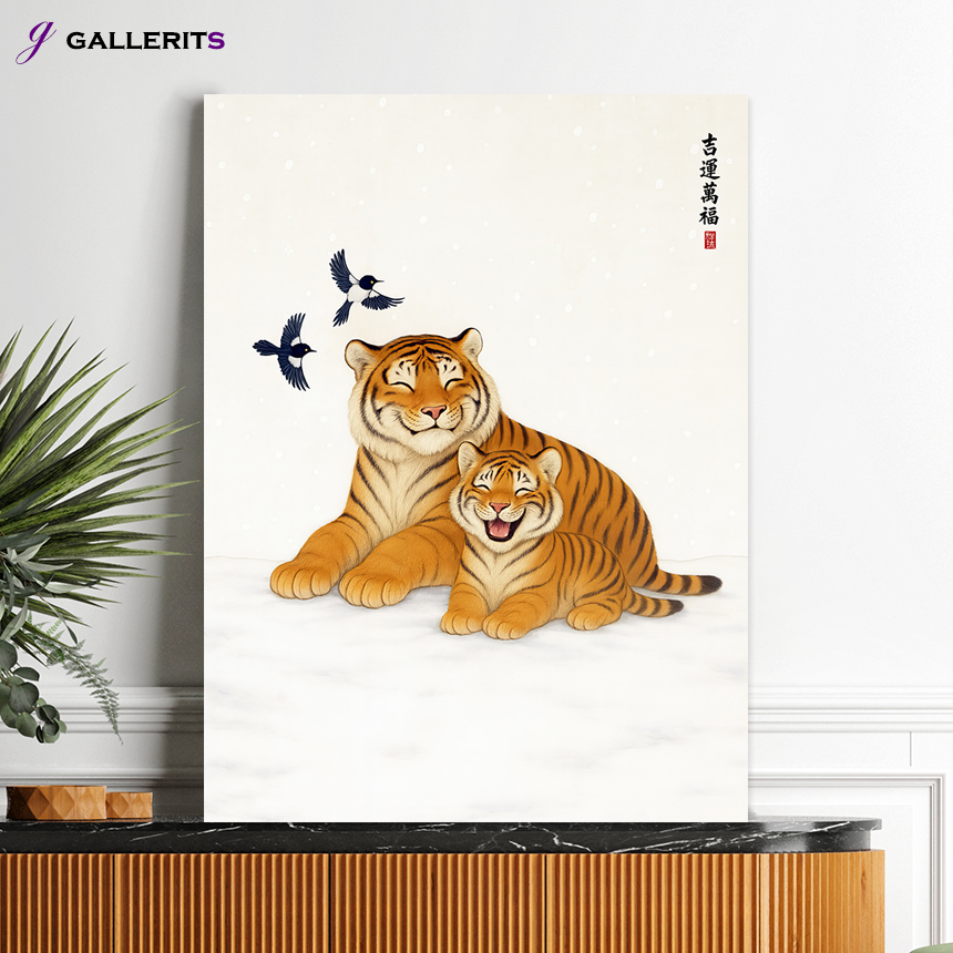 만복 호작도 까치 호랑이 그림 겨울 크리스마스 인테리어 거실 액자 중형 - 상품 이미지