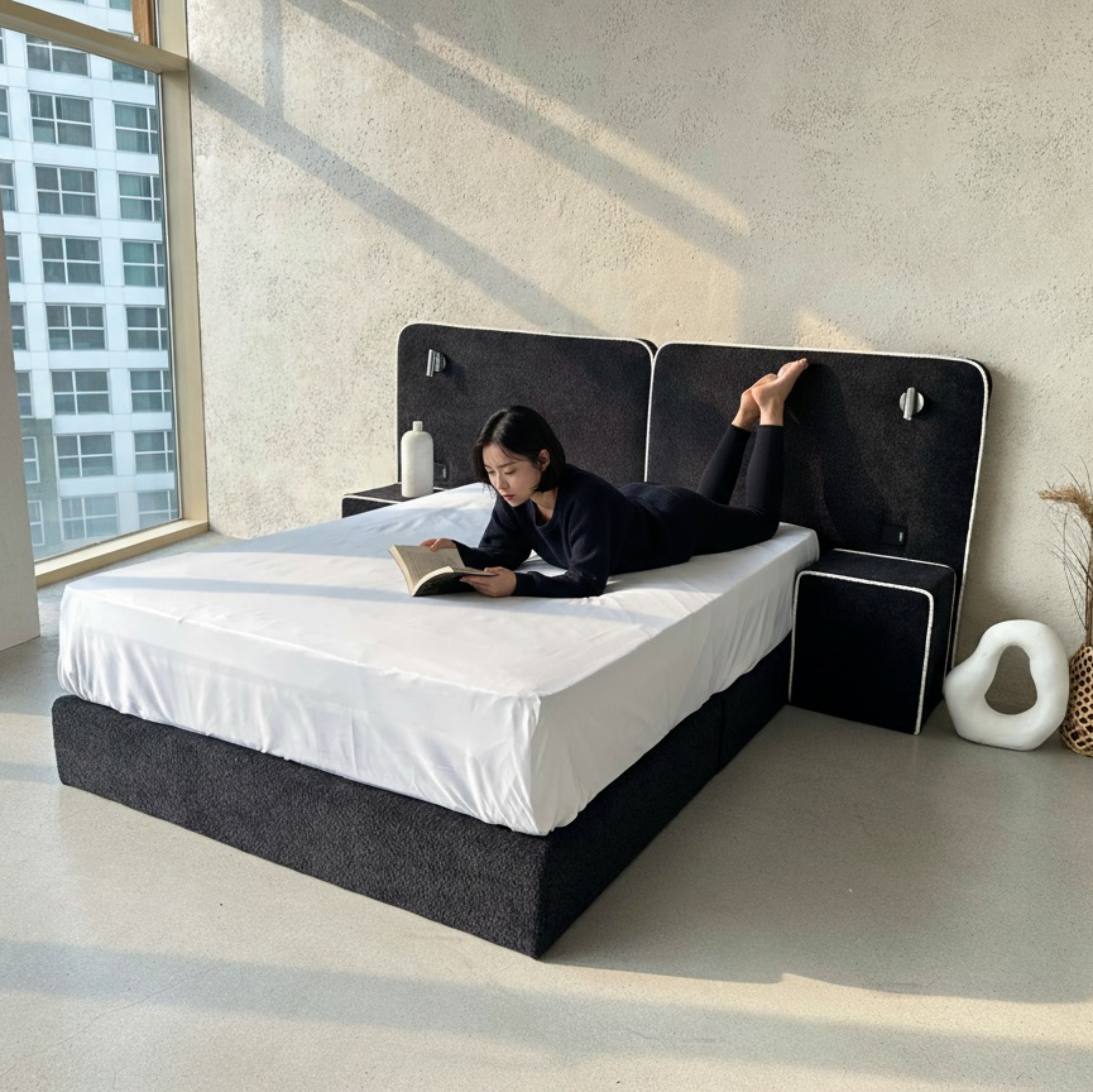 호텔형 침대 프레임 부클 패브릭 주문제작 블랙 신혼부부 퀸