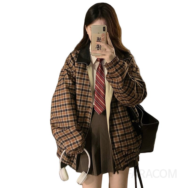 여성 빅사이즈 캐주얼 리버시블 양면 체크 점퍼 오버핏 루즈핏 간절기 아우터 자켓 봄 가을 - 상세 이미지 5
