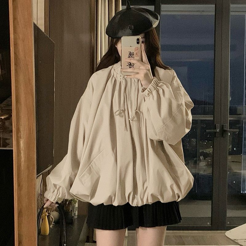 여성 빅사이즈 루즈핏 오버핏 벌룬 퍼프소매 하이넥 스트링 집업 자켓 아우터 플라워 꽃봉오리 디자인 캐주얼 간절기 봄 가을 - 상세 이미지 4