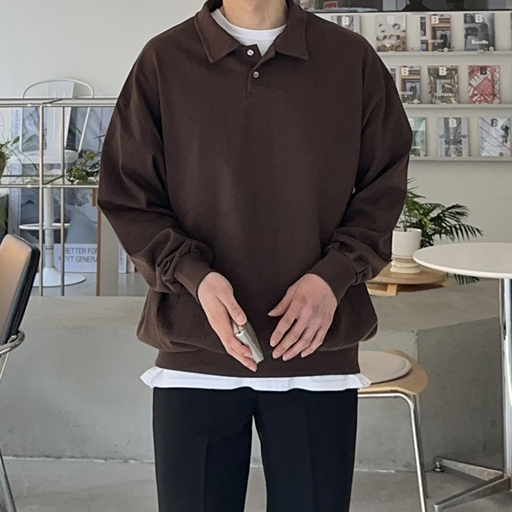 남자 기모 맨투맨 오버핏 헨리넥 카라 남자 맨투맨 이미지 2
