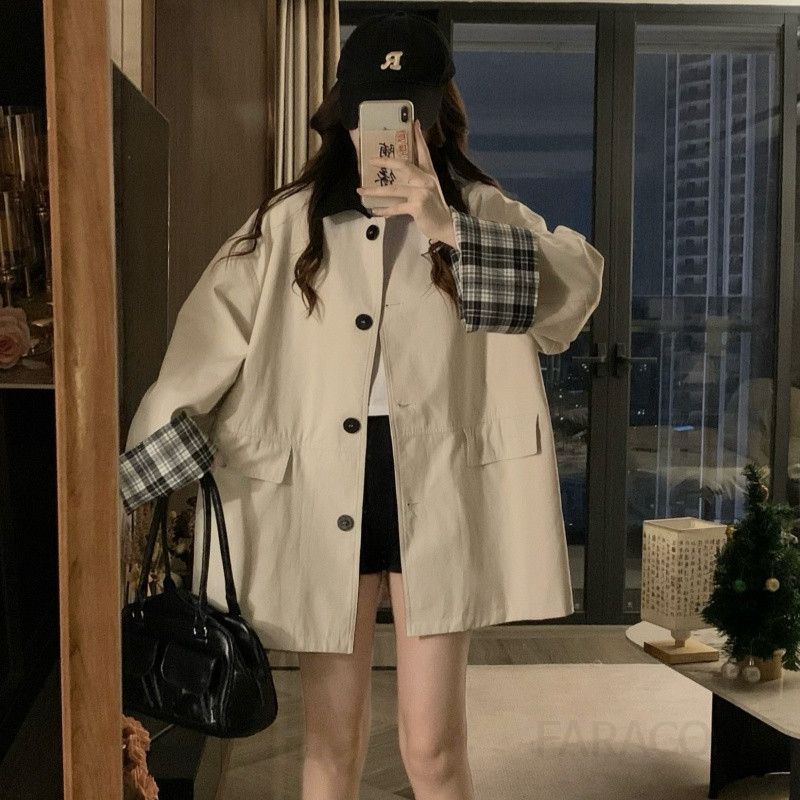 여성 빅사이즈 오버핏 트렌치코트 루즈핏 간절기 체크배색 카라넥 포켓 봄 가을 아우터 바람막이 점퍼 재킷 - 상세 이미지 2