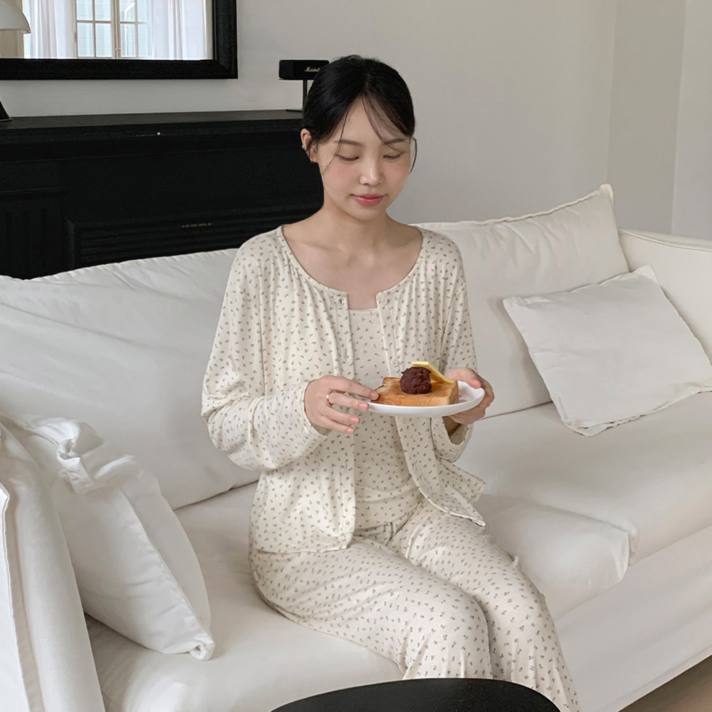 베라 플라워 긴팔 파자마 캡내장 쓰리피스 잠옷세트 1color - 상세 이미지 4