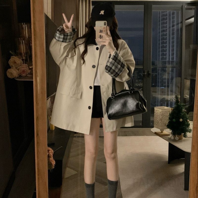 여성 빅사이즈 오버핏 트렌치코트 루즈핏 간절기 체크배색 카라넥 포켓 봄 가을 아우터 바람막이 점퍼 재킷 - 상세 이미지 3