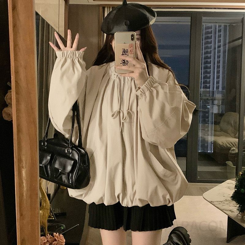 여성 빅사이즈 루즈핏 드로스트링 벌룬 퍼프 소매 항공 점퍼 캐주얼 자켓 바람막이 아우터 봄 가을 - 상세 이미지 3
