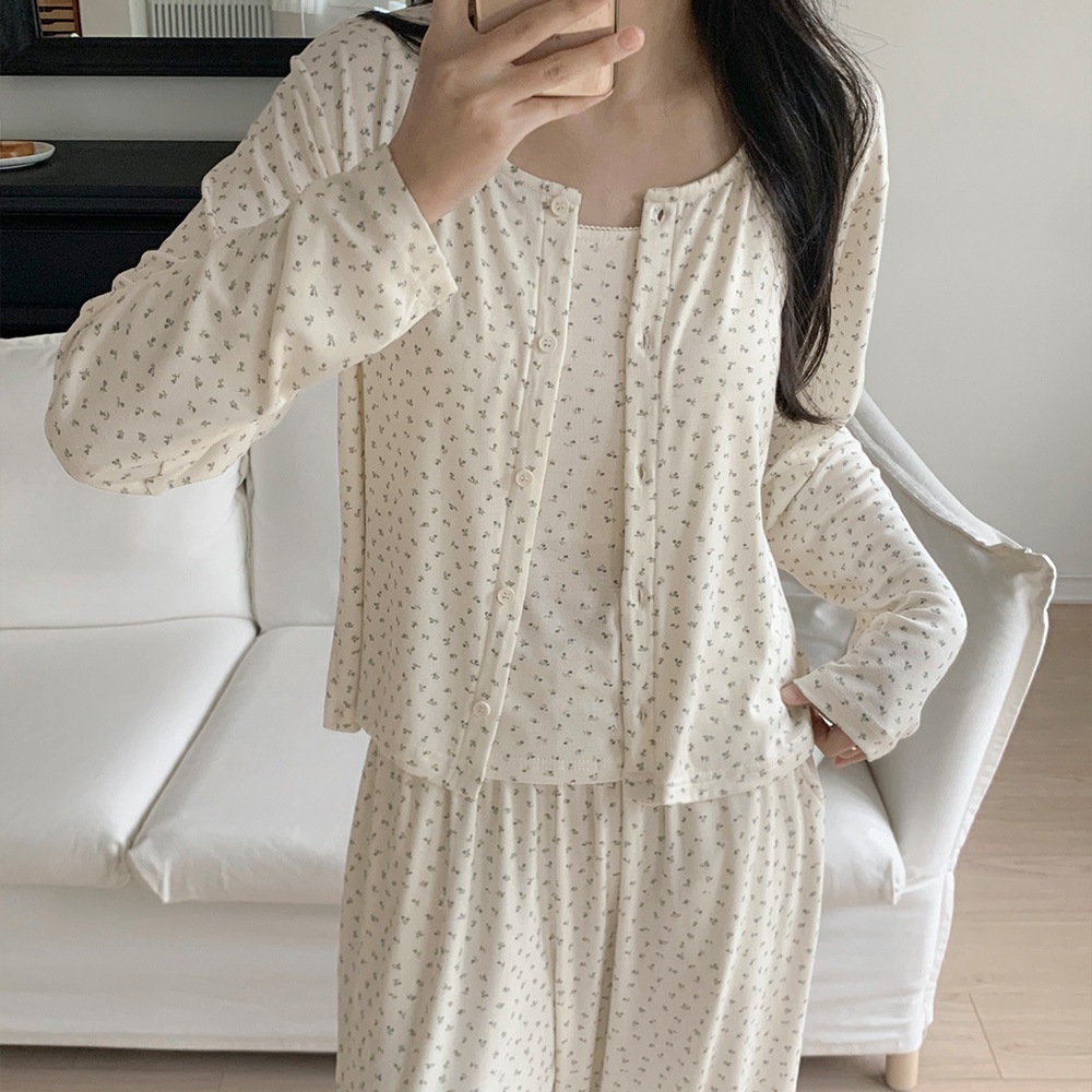 베라 플라워 긴팔 파자마 캡내장 쓰리피스 잠옷세트 1color - 상세 이미지 2