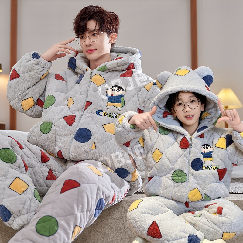 오브제 겨울 벨벳 이지웨어 상하 세트 홈웨어 두꺼운 3겹 퀼팅 성인 아이 커플 - 상세 이미지 5