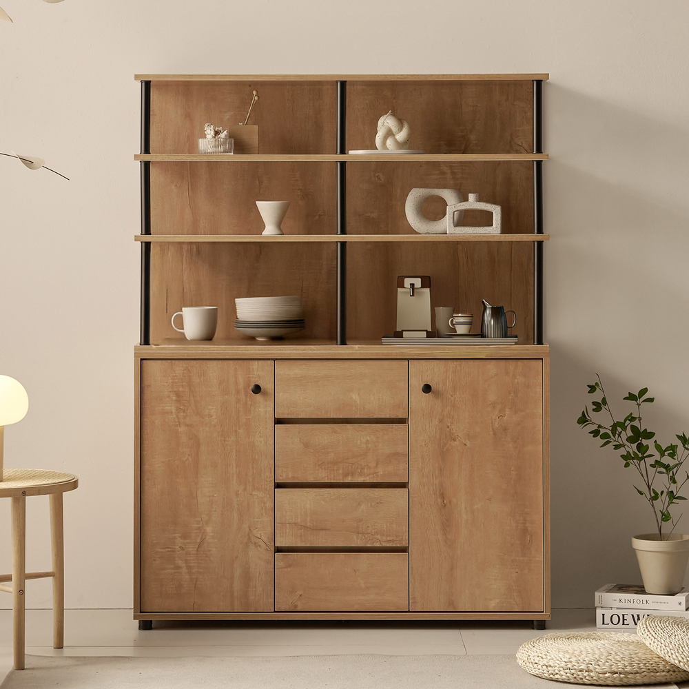 세렌 홈카페수납장 꾸미기 홈바장 주방보조 그릇장식장 주방선반장 1200x400x1600mm, 5단, 오크