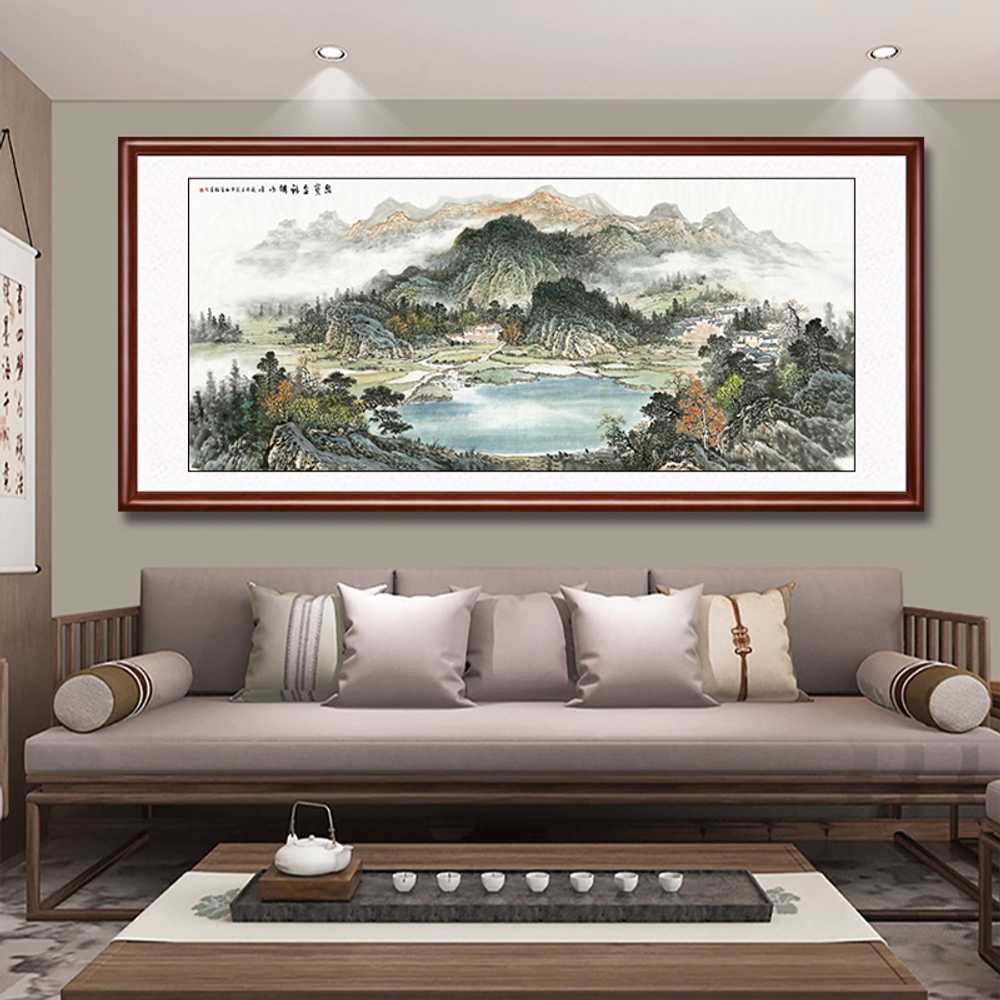 전통 산수화 액자 한지 스타일 인테리어 벽장식 거실 118x48cm 풍요의 뿔(월넛) - 상세 이미지 2