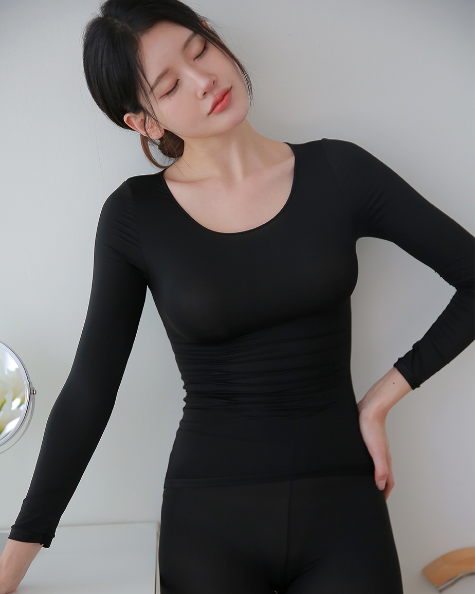 (N배송) DDO 여성 U넥 초경량 슬림핏 이너 얇은 내복 상하세트 보온 여자 내의 상의 하의 - 상세 이미지 5