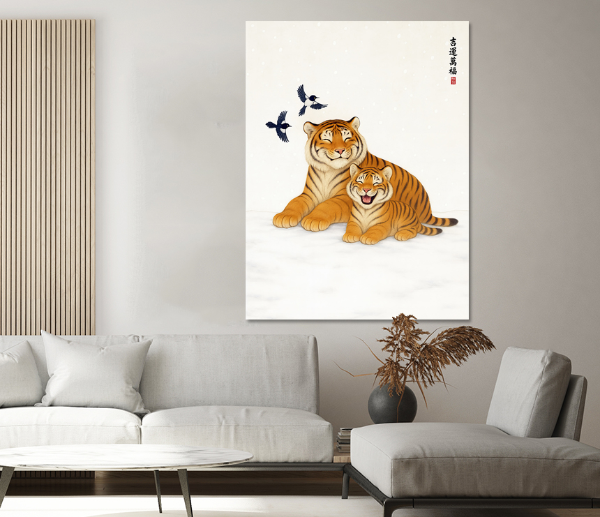 만복 호작도 까치 호랑이 그림 겨울 크리스마스 인테리어 거실 액자 중형 - 상세 이미지 4