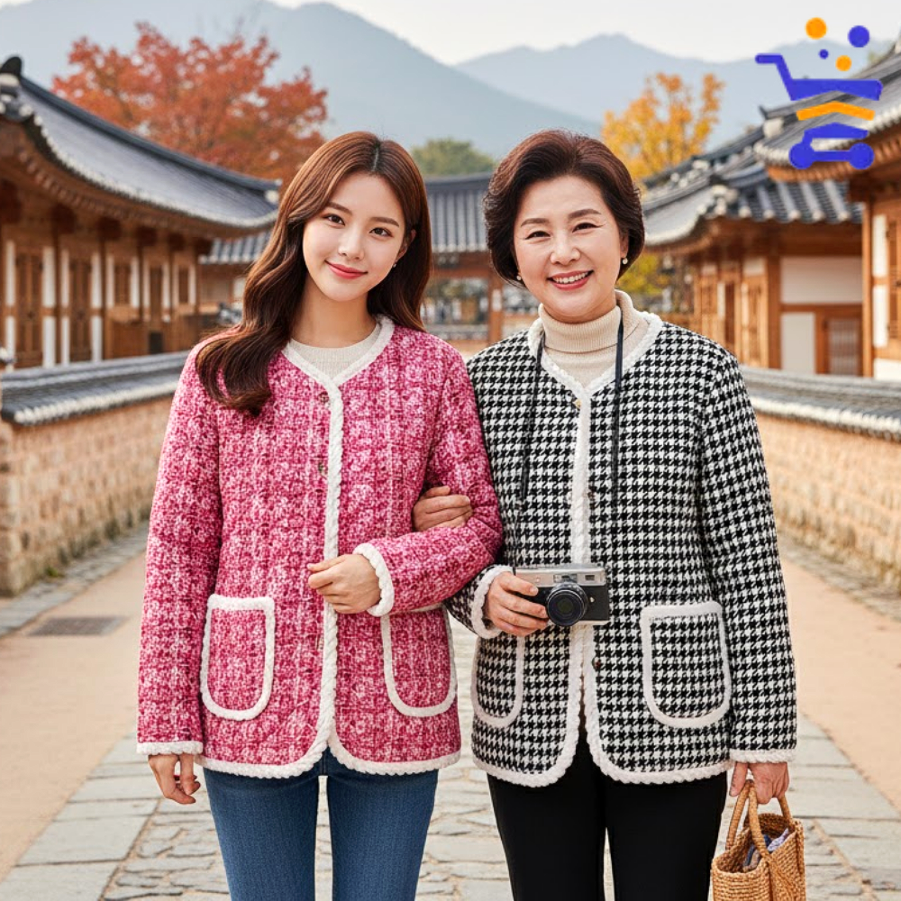옛날 복고 레트로 촌캉스 여성 기모 자켓 랜덤패턴 할머니 융기모 혼방 누빔 따듯한 퍼 자켓 - 상품 이미지