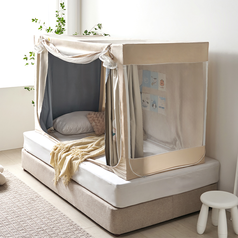 우풍제로 난방텐트 1인용 침대텐트 암막 우풍차단 사각 2층 수면돔 싱글, 베이지