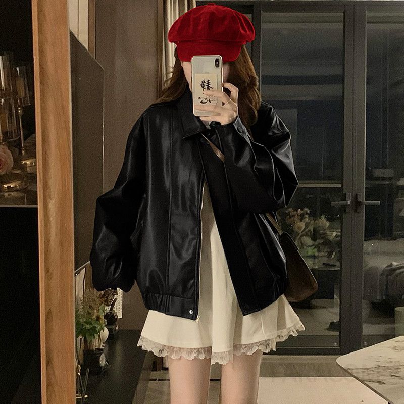 여성 빅사이즈 루즈핏 오버핏 레더 자켓 가죽 항공 점퍼 아우터 캐주얼 간절기 데일리룩 봄 가을 - 상세 이미지 3