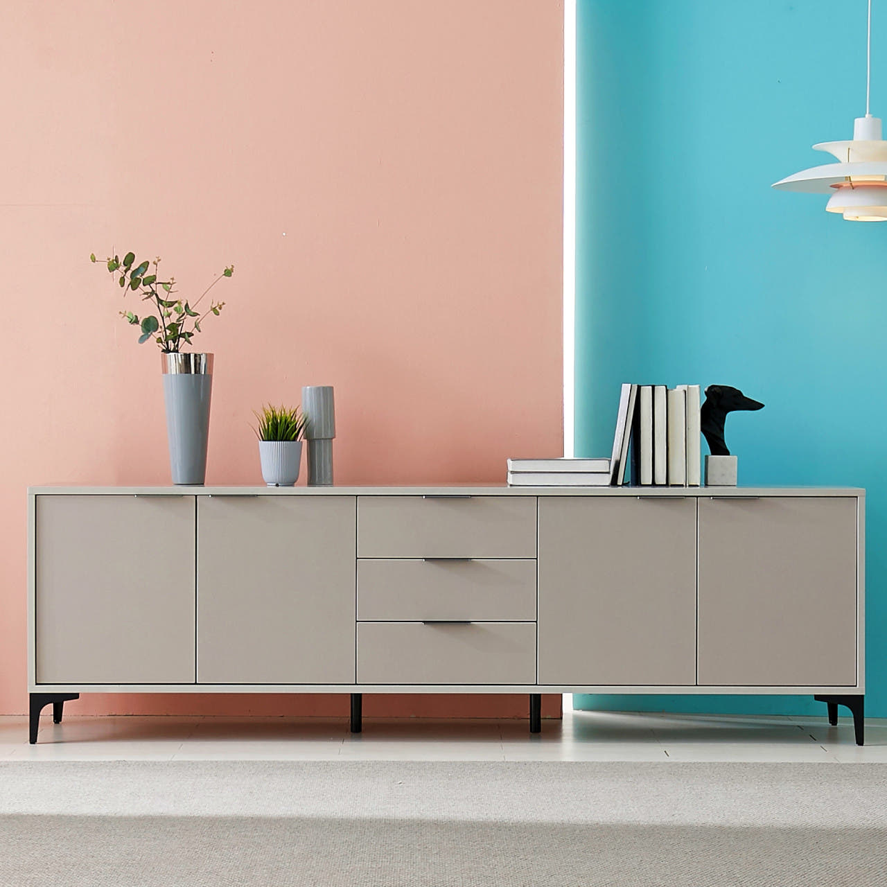 포니 높은거실장 75인치 85인치 티비장 tv다이서랍장 장식장 2100x400x646, 그레이