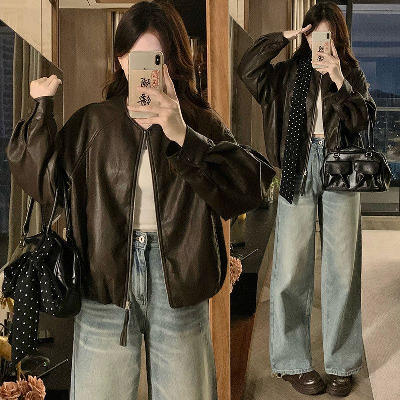 여성 빅사이즈 브이넥 레더 오버핏 벌룬소매 스카프 세트 항공 점퍼 재킷 간절기 데일리룩 코디템 봄 가을 - 메인 이미지