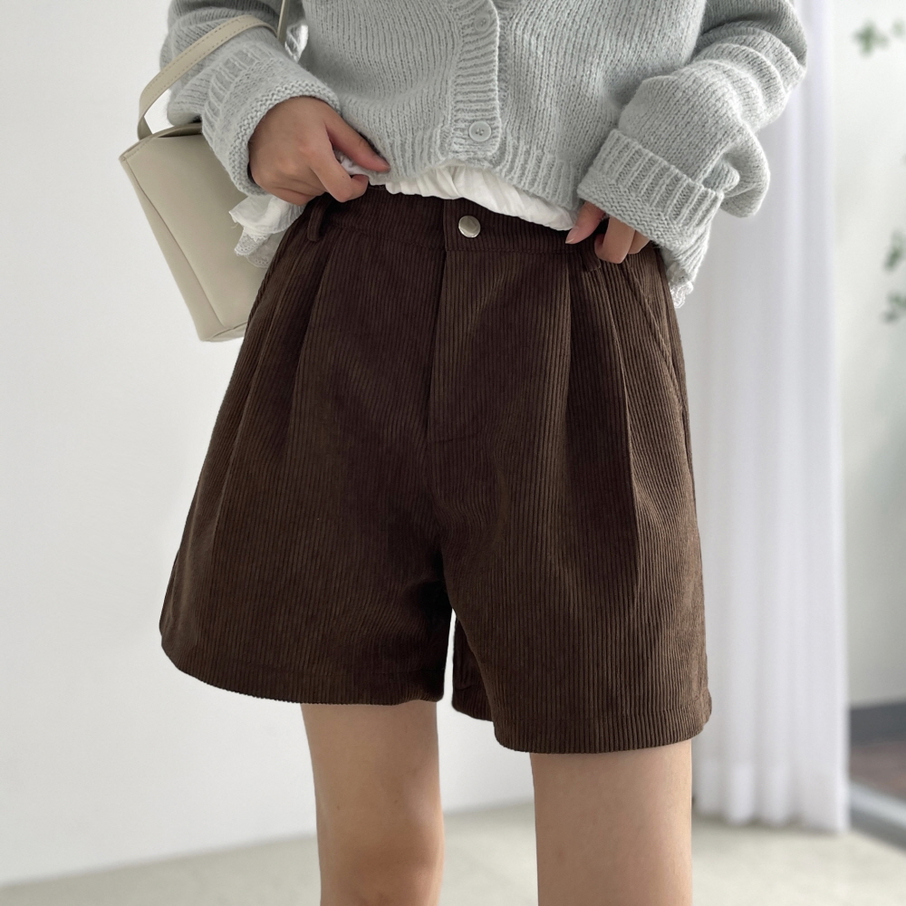 코듀로이 반바지 여성 4부 핀턱 와이드 a라인 뒷밴딩 가을 겨울 팬츠 헤이븐 골덴반바지 - 상품 이미지