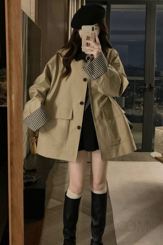 여성 빅사이즈 루즈핏 오버핏 카라넥 간절기 트렌치 코트 소매 스트라이프 배색 포인트 데일리룩 재킷 아우터 봄 가을 - 상세 이미지 5