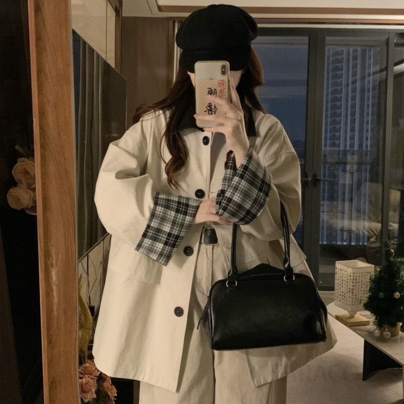 여성 빅사이즈 오버핏 트렌치코트 루즈핏 간절기 체크배색 카라넥 포켓 봄 가을 아우터 바람막이 점퍼 재킷 - 메인 이미지