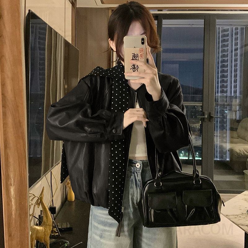 여성 빅사이즈 브이넥 레더 오버핏 벌룬소매 스카프 세트 항공 점퍼 재킷 간절기 데일리룩 코디템 봄 가을 - 상세 이미지 3