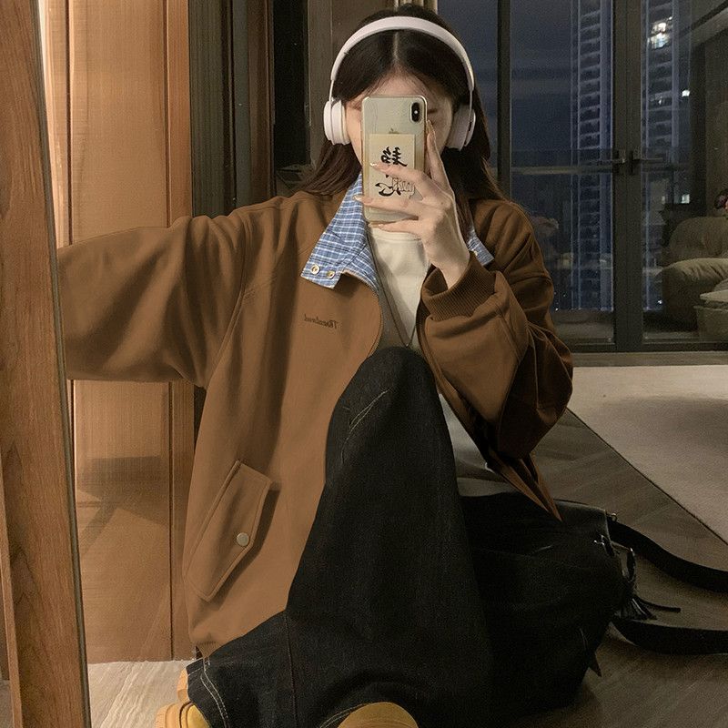 여성 가을 야구점퍼 스웨이드 라펠 디자인 캐주얼 스타일 플레드 패턴으로 트렌디한 아우터 데일리룩에 적합한 매력적인 재킷 - 상세 이미지 3