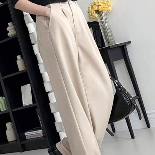 (JE) 멋스러운 여성 롱 팬츠 핀턱 코튼 통바지 세미 와이드 시크한 심플 데일리룩 캐주얼 패션 - 상품 이미지