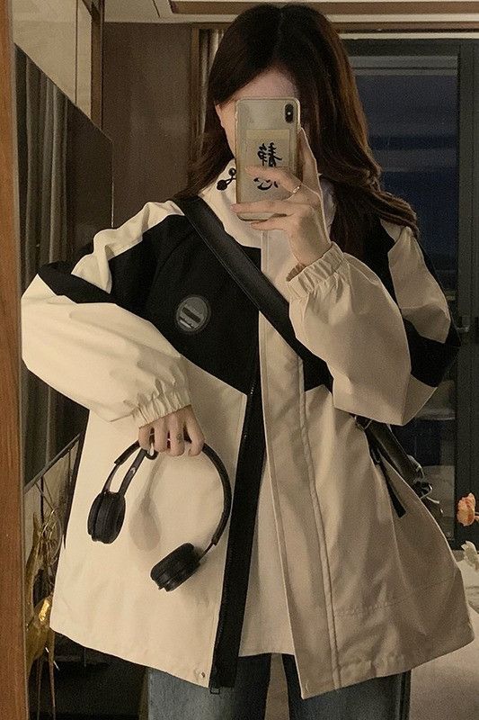 여성 빅사이즈 배색 컬러블록 후드 집업 루즈핏 오버핏 바람막이 자켓 점퍼 간절기 아우터 데일리 스포티룩 봄 가을 - 상세 이미지 5