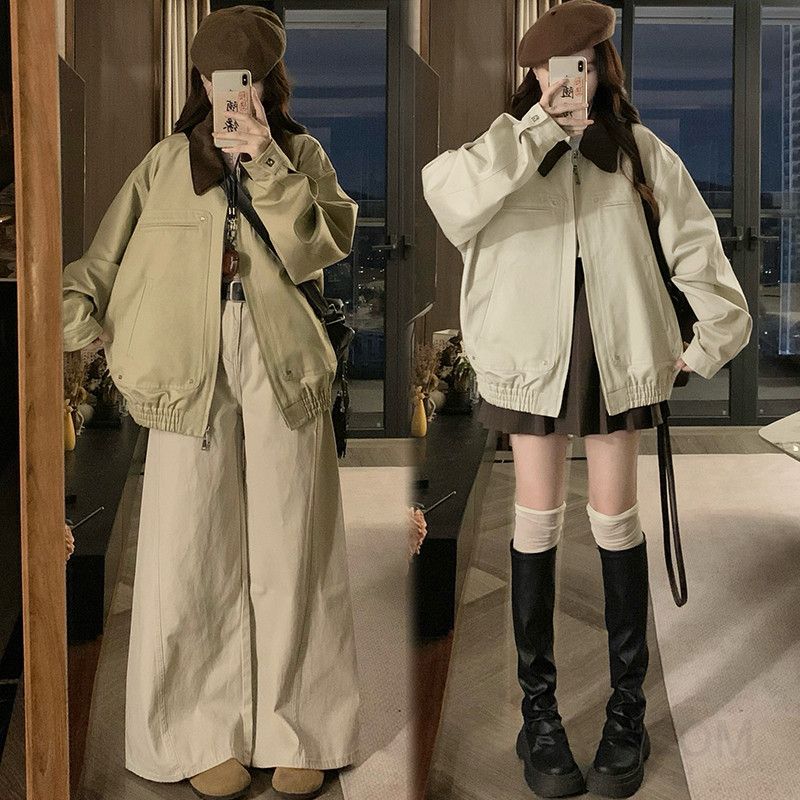여성 캐주얼 레트로 오버핏 배색 카라넥 봄버 점퍼 루즈핏 항공 자켓 간절기 아우터 봄 가을 - 상세 이미지 2
