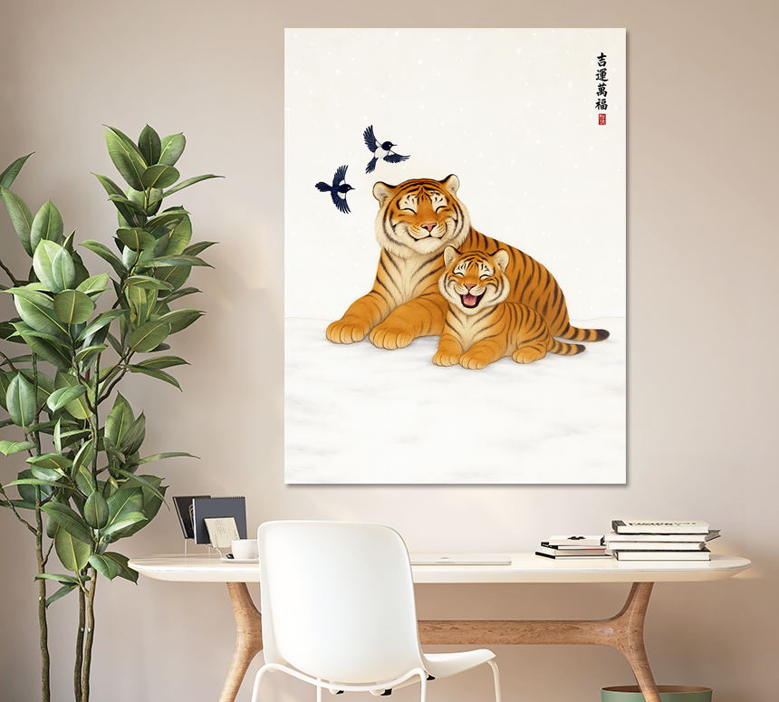 만복 호작도 까치 호랑이 그림 겨울 크리스마스 인테리어 거실 액자 중형 - 상세 이미지 2
