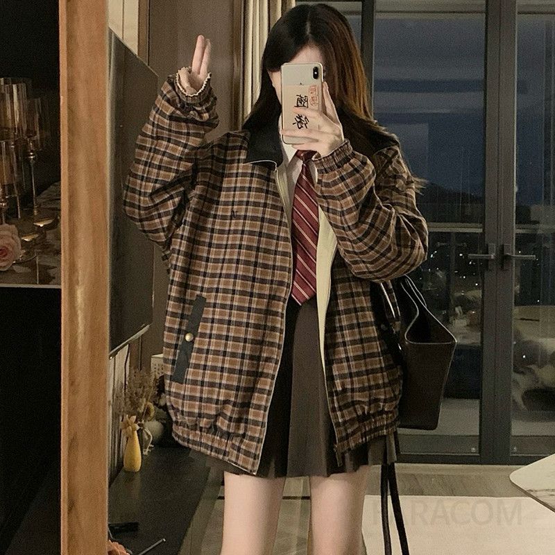 여성 빅사이즈 캐주얼 리버시블 양면 체크 점퍼 오버핏 루즈핏 간절기 아우터 자켓 봄 가을 - 상세 이미지 2