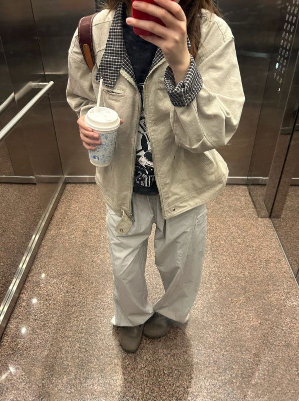 여성 빅사이즈 오버핏 루즈핏 체크 배색 카라넥 간절기 봄 가을 데일리 아우터 점퍼 바람막이 지퍼 캐주얼 긴팔 자켓 - 상세 이미지 2