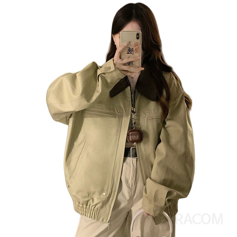 여성 캐주얼 레트로 오버핏 배색 카라넥 봄버 점퍼 루즈핏 항공 자켓 간절기 아우터 봄 가을 - 상세 이미지 5