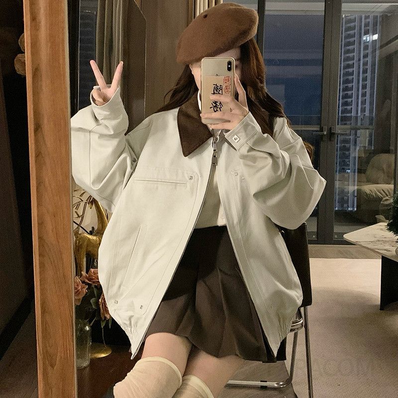 여성 캐주얼 레트로 오버핏 배색 카라넥 봄버 점퍼 루즈핏 항공 자켓 간절기 아우터 봄 가을 - 상세 이미지 3