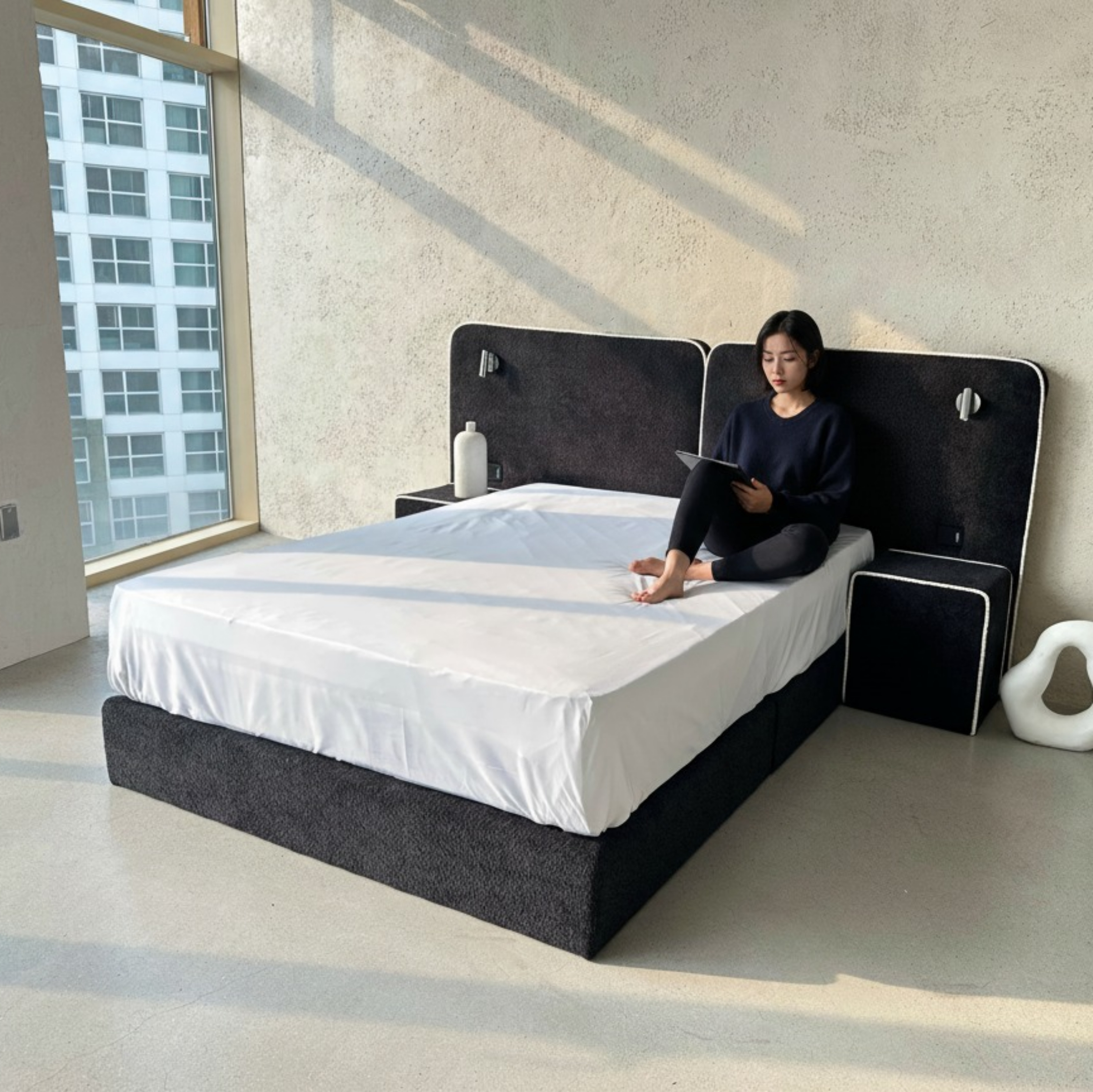 호텔형 침대 프레임 부클 패브릭 주문제작 블랙 신혼부부 퀸