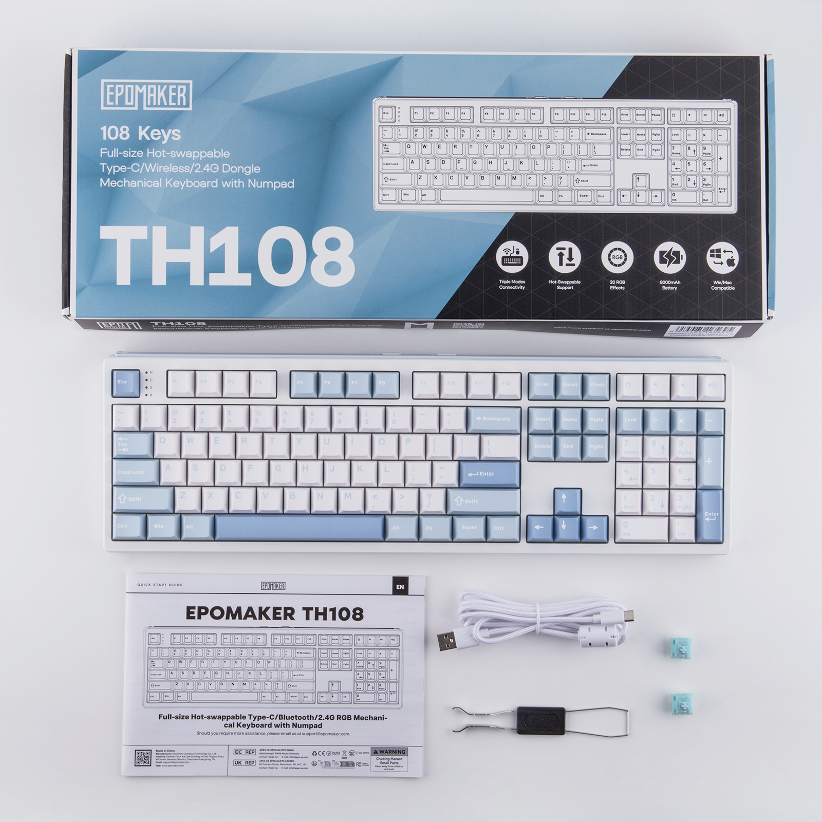 [예약판매] EPOMAKER 에포메이커 TH108 유무선 기계식 키보드 3모드 핫스왑 풀배열 정식수입 AS가능 한영각인 화이트 블루 - 상세 이미지 4