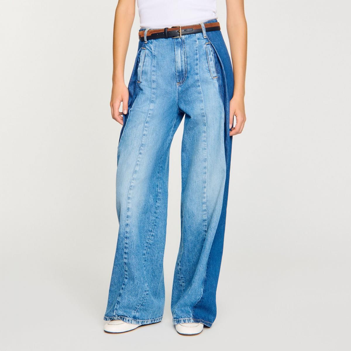 산드로 와이드 데님 배색 와이드 핏 청바지 SFPJE00714_4785 JEANSBLAU - 메인 이미지