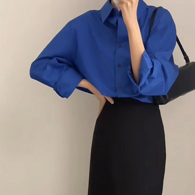 블루 셔츠 루즈핏 여성 남방 살안타템 시스루 블라우스 여름 시원한 썸머 지지미 펀칭 여자 - 상세 이미지 3
