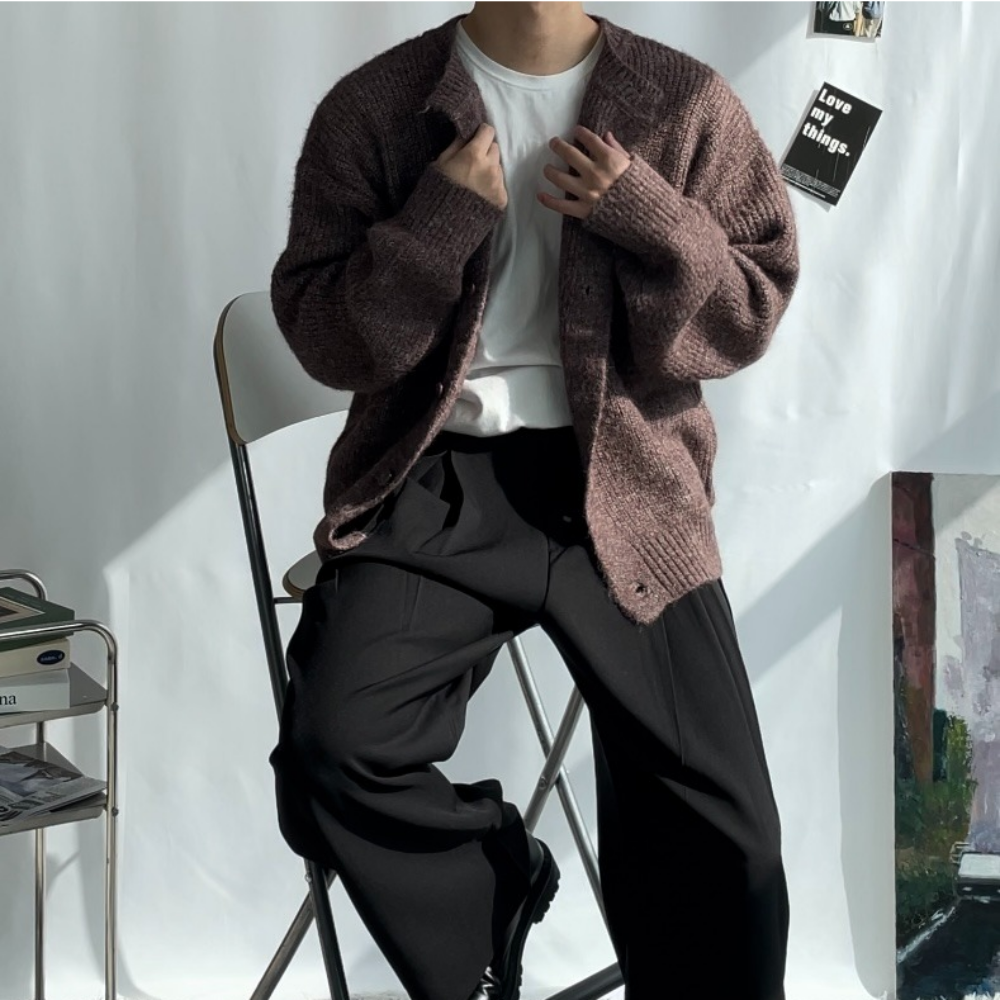남자 가디건 울 라운드 오버핏 하찌 니트 커플가디건 봄 가을 겨울 - 상세 이미지 3