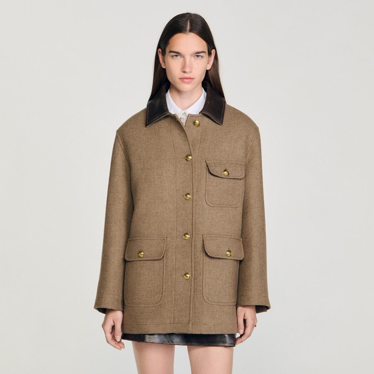 산드로 클래식 트위드 레더카라 골드버튼 코트 SFPOU00699_72 TAUPE - 상세 이미지 5