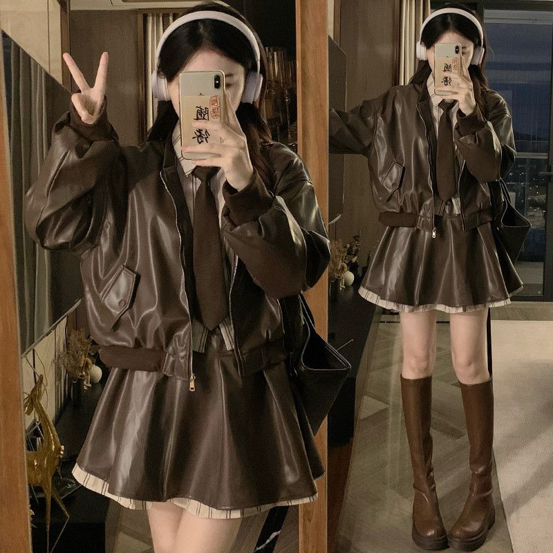 여성 빅사이즈 레더 항공 점퍼 플리츠 미니 스커트 투피스 세트 타이블 코디 오피스룩 봄 가을 - 메인 이미지