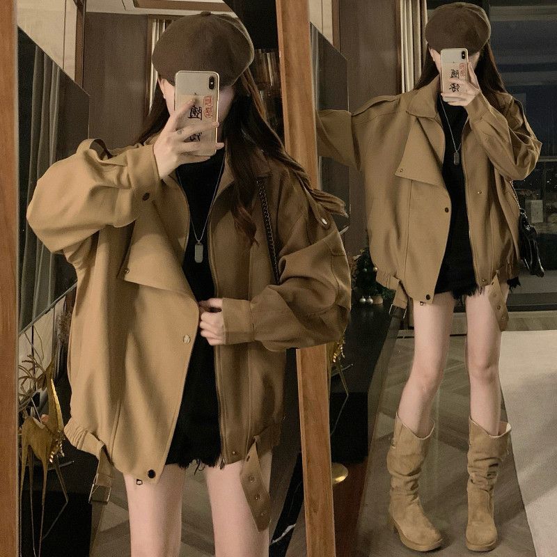 여성 빅사이즈 오버핏 루즈핏 숏 트렌치자켓 점퍼 벨티드 카라 바람막이 간절기 아우터 데일리룩 봄 가을 코디 - 메인 이미지