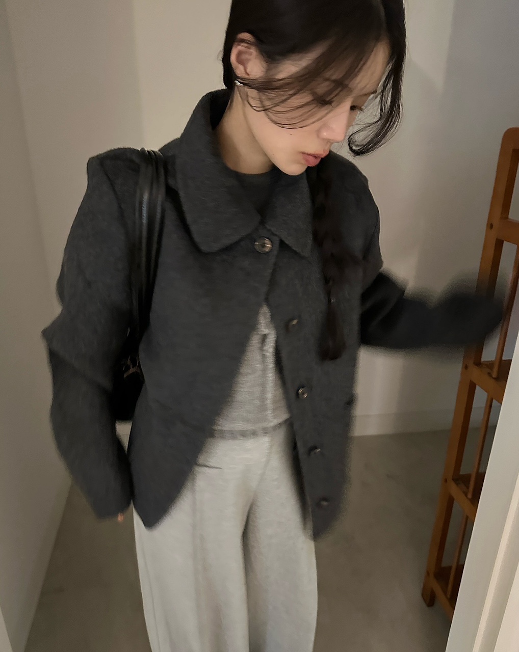 크립 여성 울 겨울 루즈핏 오버핏 카라 핸드메이드 싱글 자켓