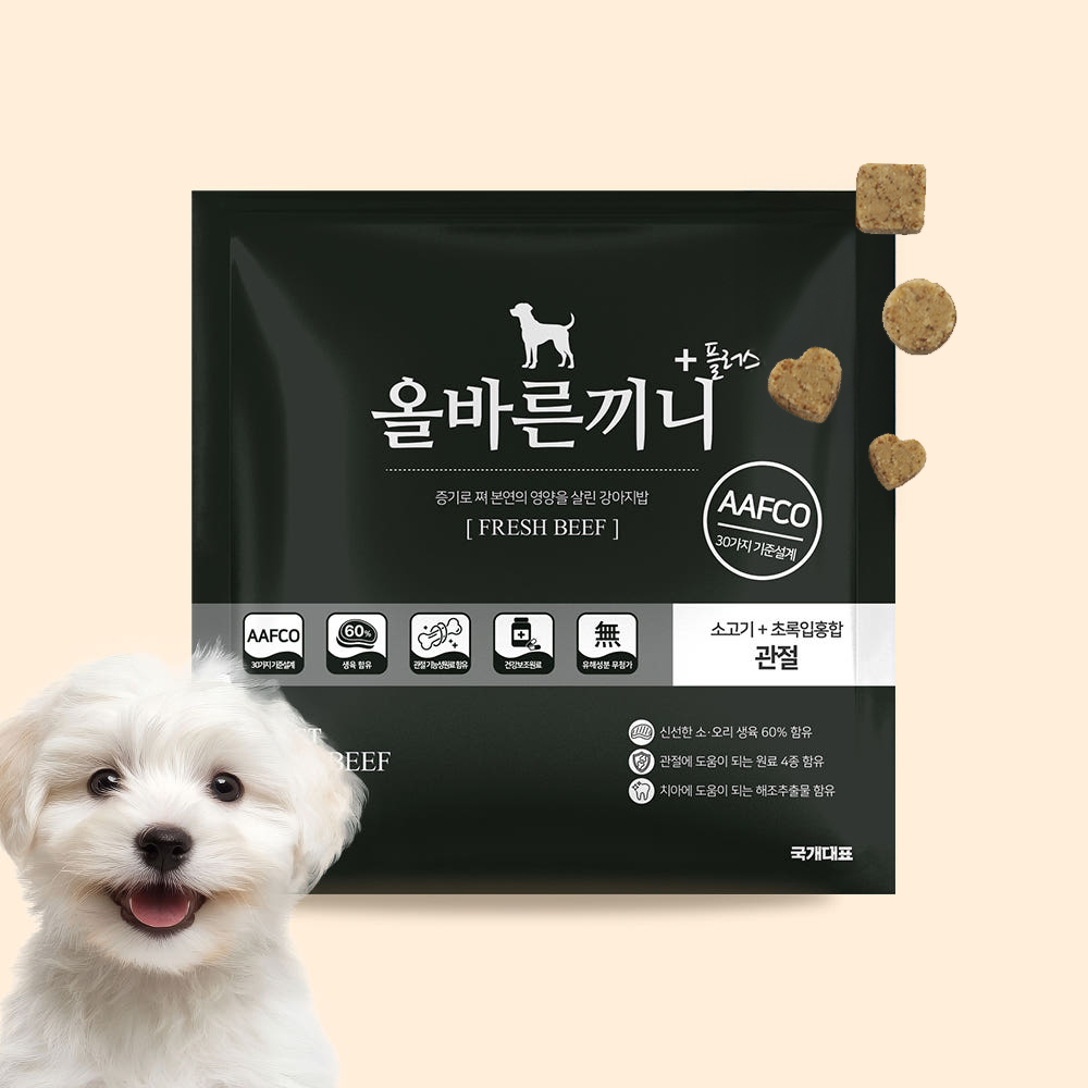 올바른 끼니 플러스 소고기 초록입홍합 50g 쫀득한 맛보기 강아지 사료 샘플(관절건강) - 상품 이미지