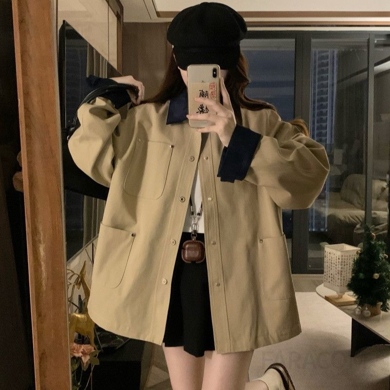 여성 빅사이즈 간절기 루즈핏 오버핏 베이직 카라 자켓 점퍼 아우터 하객룩 오피스룩 데일리 봄 가을 코트 - 상세 이미지 4